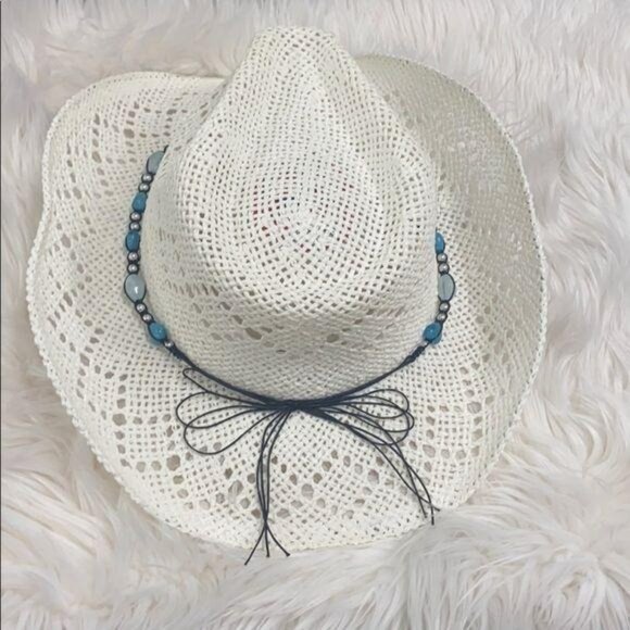 Womens White Paper Cowboy Hat With Aqua Beaded Detail - Picture 3 of 4